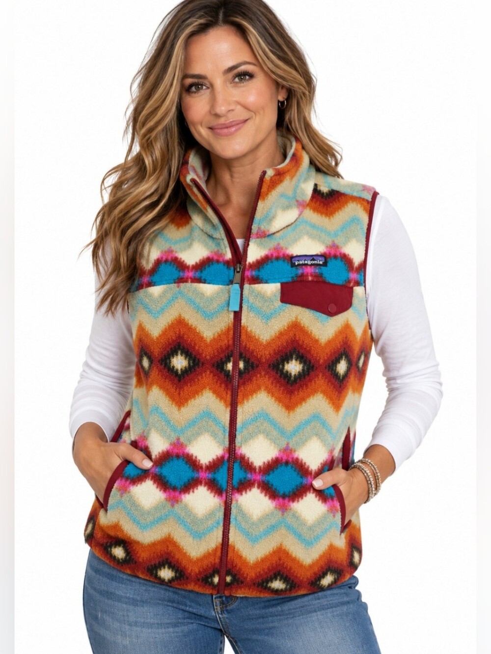 Patagonia Synchilla Vest Women Size XL Southwestern Geometric Fleece Snap T